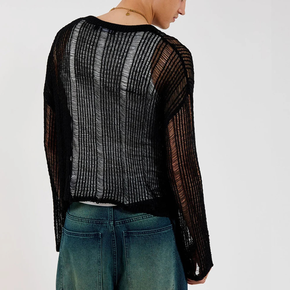Spring Autumn Sweater T-shirts For Men Elastic Hollow Slinghtly Transparent Long Sleeve Loose Versatile Knitting Tees Tops 250704