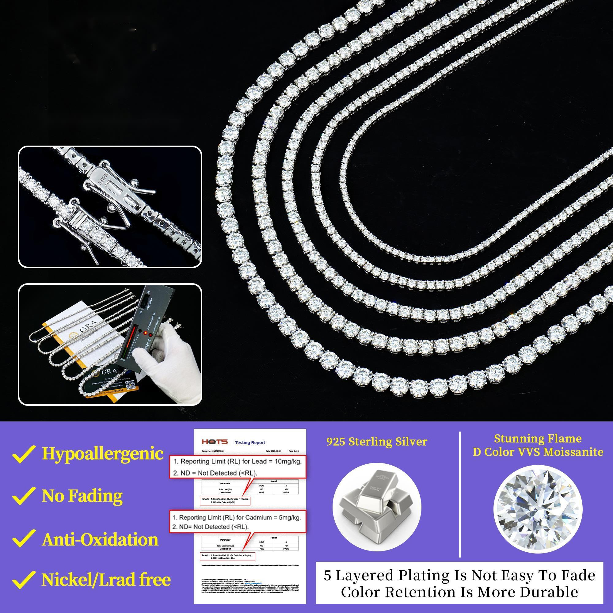 Luxury Jewelry Necklace White Gold Silver Iced Out Moissanite Tennis Chain Unisex 3mm Round Cut Fashion High Quality GRA Certified