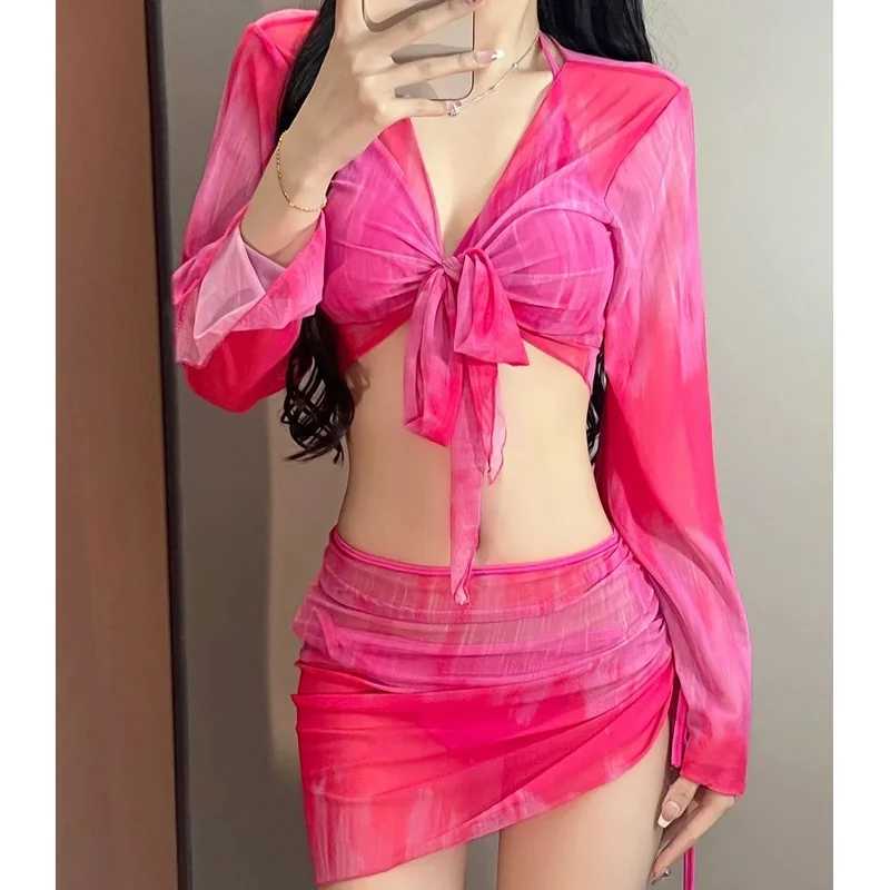4 Piece Bikini Set Women Blue Tie Dye Mesh Long Sleeve Cover Up with Pleated Skirt Swimsuit Beach Bathing Suit Swimwear XJ250624