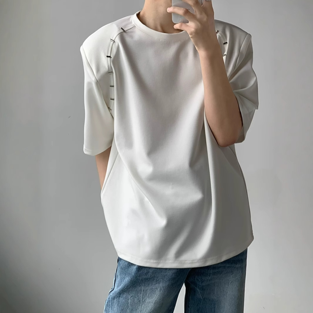 Designer Short Sleeves Summer Korean Version Loose Heavyweight No Shoulder Pad Short Sleeve T-shirt Metal Design Sense Half Sleeve Base Shirt Niche Un