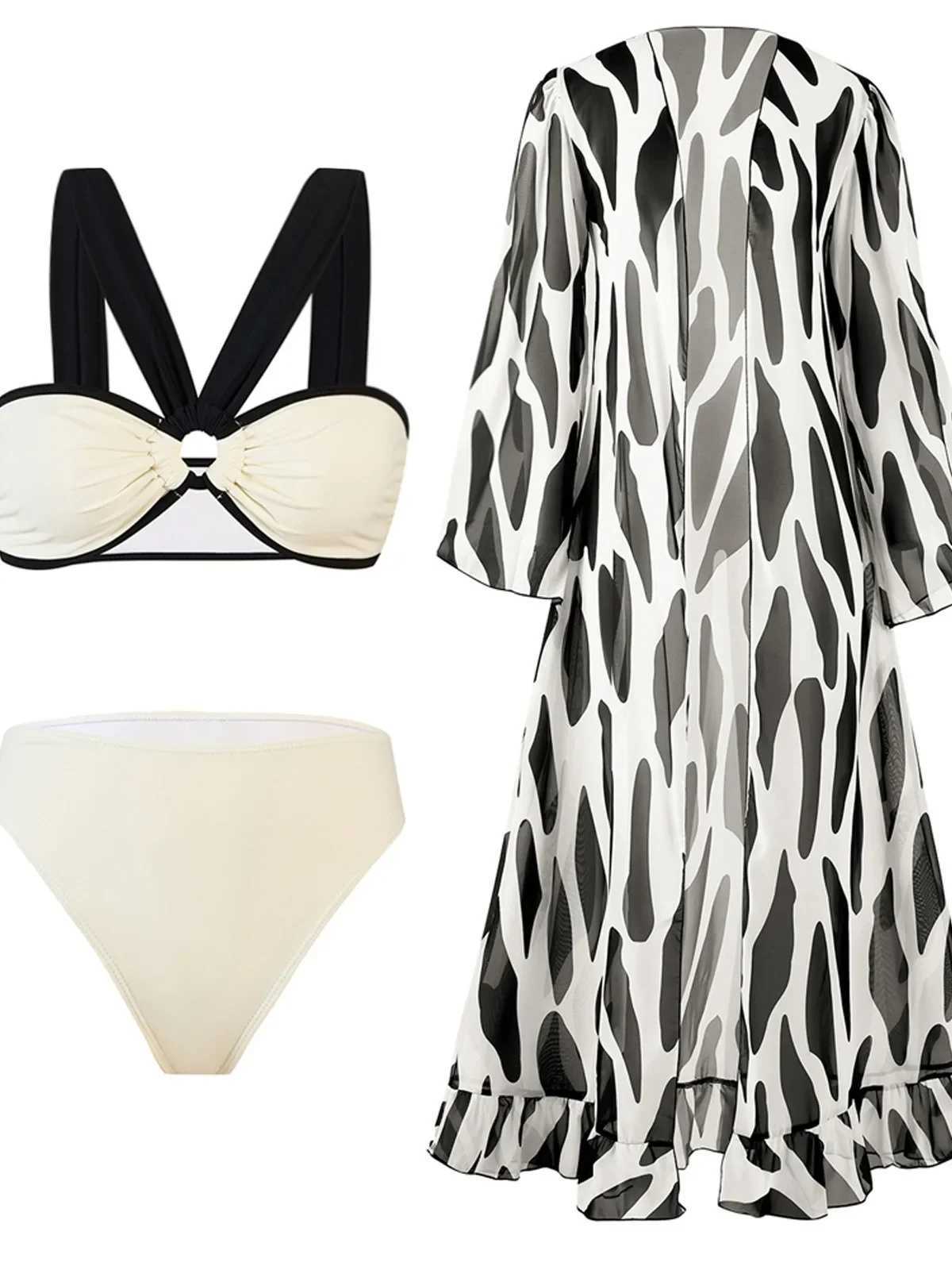 Womens 3-piece Swimsuit for Women Long Sleeve Mesh Long Cover-ups Bikini Set Beige Cross Bandage Backless Beach Swimwear 2024 XJ250624