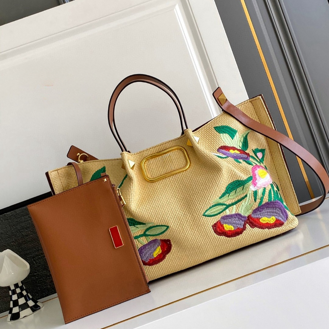 Designer Flower Embroidery Raffia Totes Ladies Natual Straw Beach Bags Woven Handbags Women Summer Shoulder Bag Real Leather Vacation Handmade Travel Bags 3257