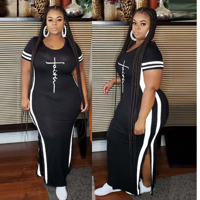 P74Hot selling short sleeve round neck positioning printing fashion large size dress for women