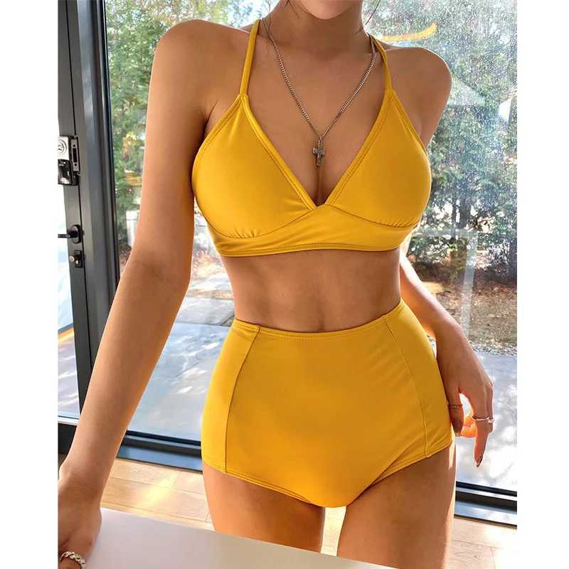 Sexy Two-Piece Bikini Swimsuit High Waist Triangle for Women Golden Yellow Cross-Border Hot Spring Swimwear Female Swimwear XJ250624