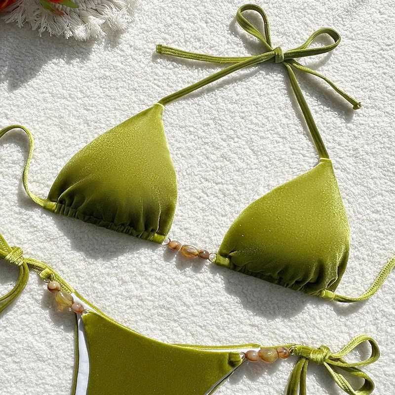 Fashion Bead Chain Triangle Bikini Women Slip Swimming Suits 2025 Sexy Bikini Lady Beach Wear Swimwear Female Outfit Clothing XJ250624