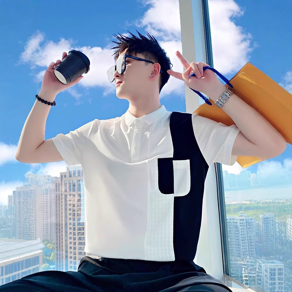 Light Designer Short Sleeves Luxury Summer Patchwork Polo Shirt Short Sleeve Men 2025 New Summer Half Sleeve Top Korean Style Color Block T-shirt Men&