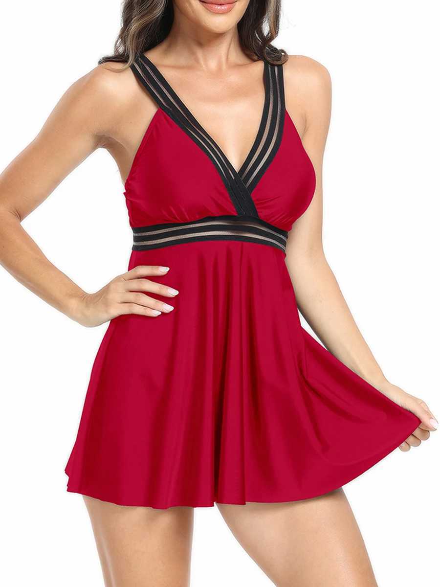 Women Bikini Set Bohemian Sleeveless V-neck Backless Patchwork A-line Dress with Briefs Bathing Suit 2-piece Swimsuit Beachwear XJ250624