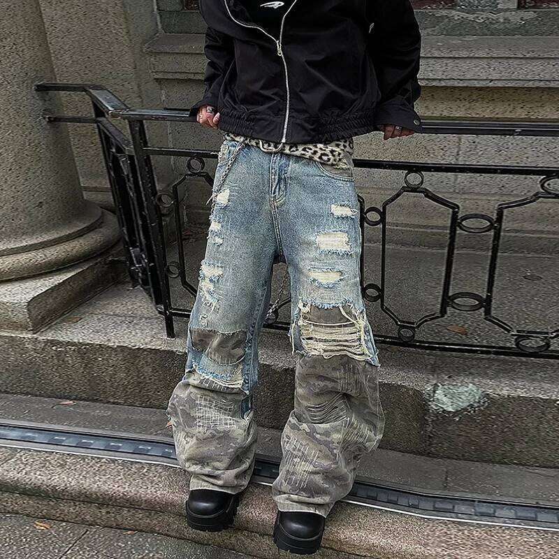 PFNW American High Street Design Camouflage Splicing Destruction Jeans Men's Loose Causal Straightwide Leg Pants Tide 12C1809 250701 250701