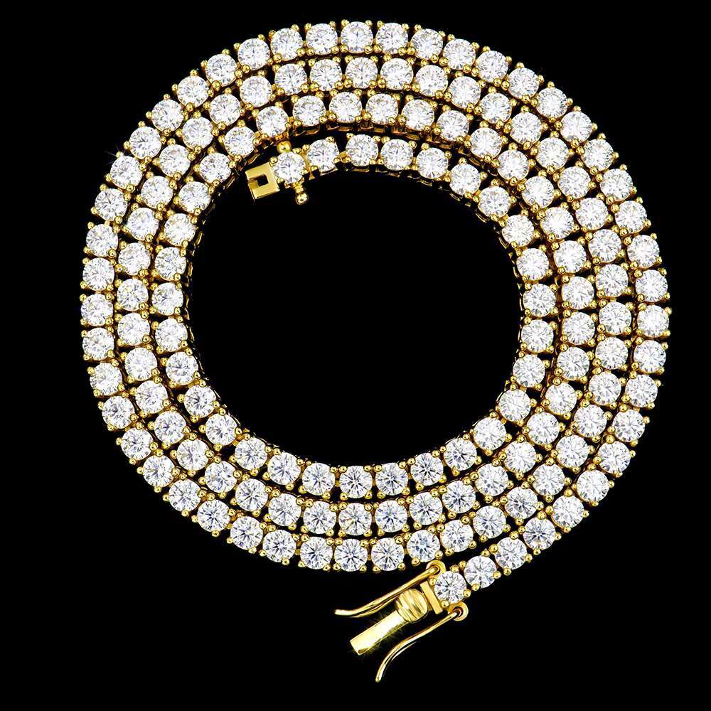 Fine Jewelry 3mm Gold Plated 925 Silver VVS Moissanite Necklace High Quality Fashion Bling Tennis Chain