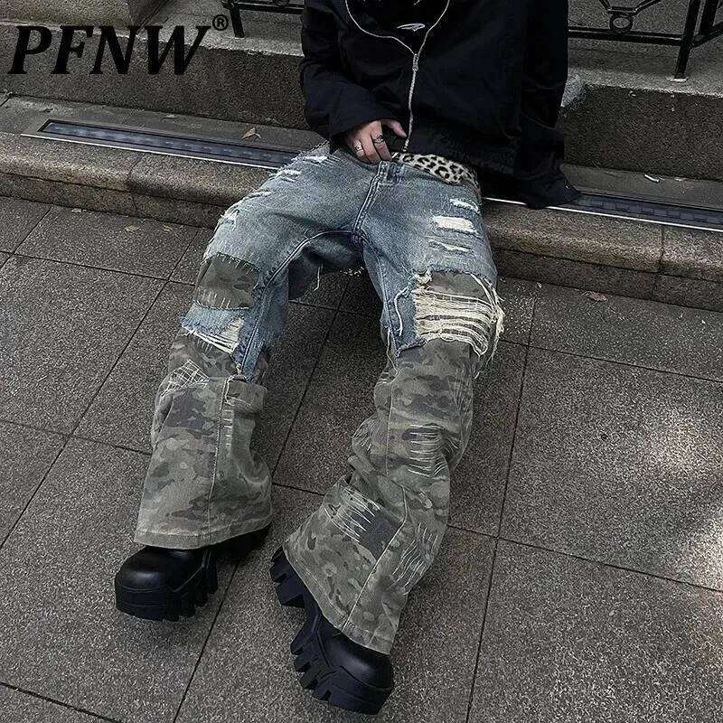 PFNW American High Street Design Camouflage Splicing Destruction Jeans Men's Loose Causal Straightwide Leg Pants Tide 12C1809 250701 250701