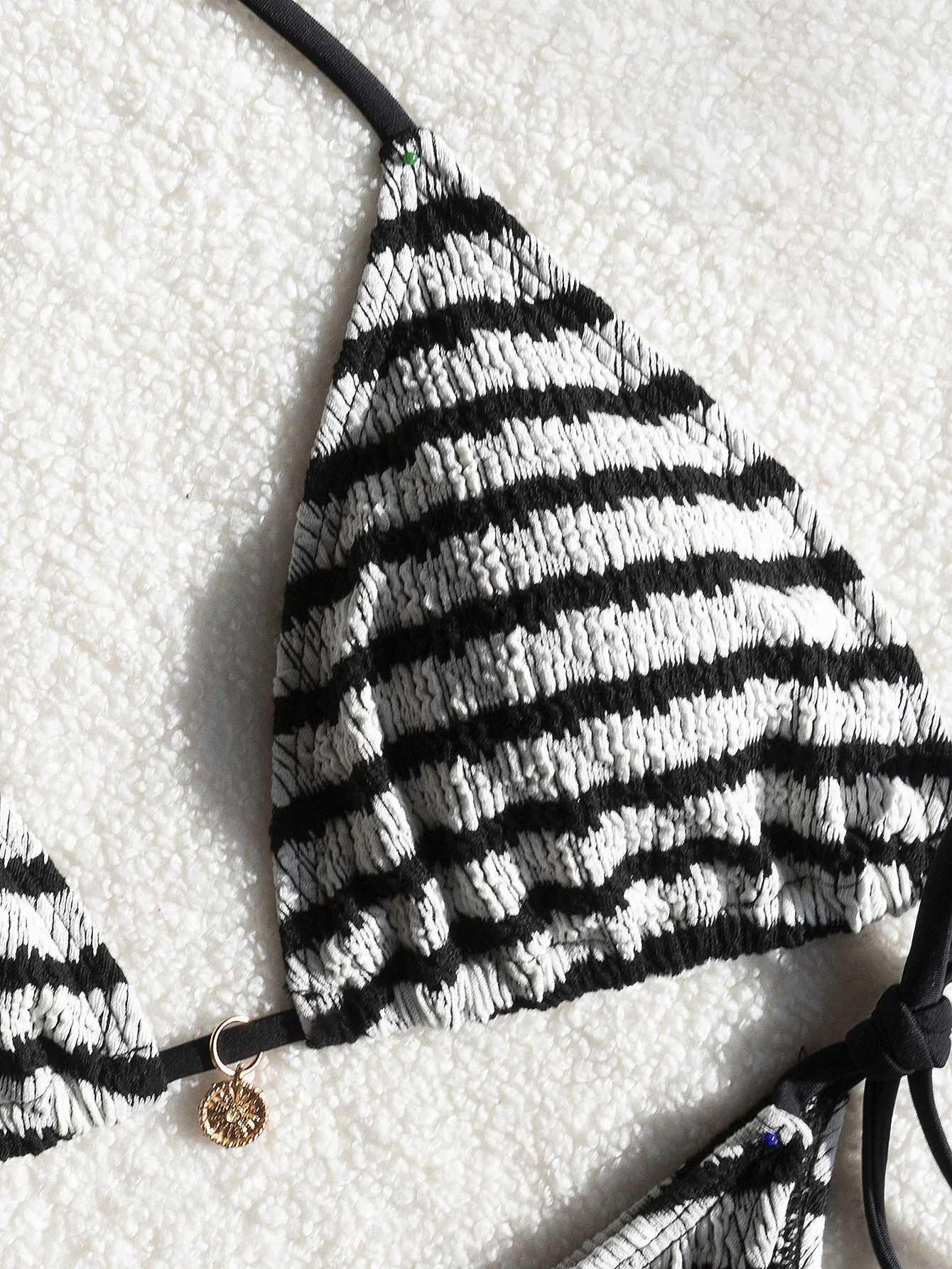 Ladies striped and water ripple split swimsuit sexy bikini SexHy bikini swimsuit color blocking fashion high-end hot spring par XJ250624