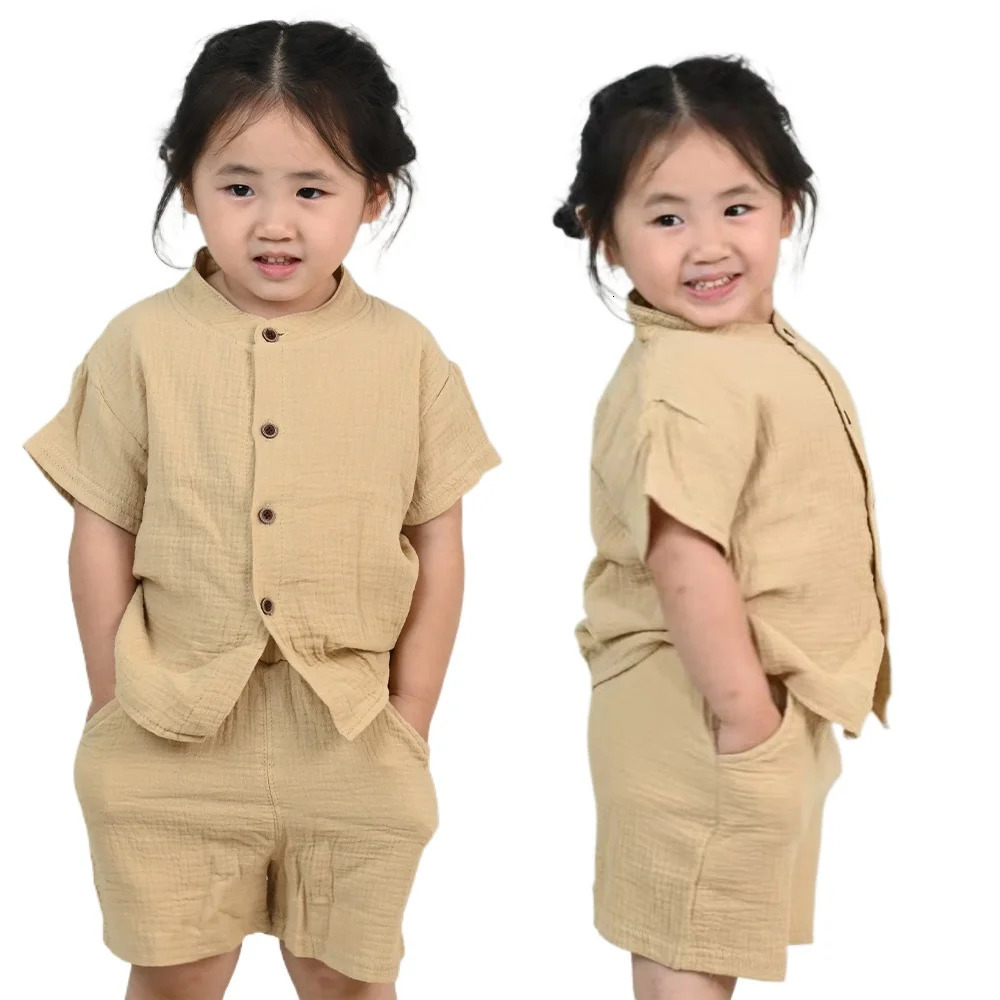 Summer Kids Breathable Cotton Short Sleeve Suit Solid Color Unisex Baby Toddler Clothes Children Casual Clothing Sets 250729