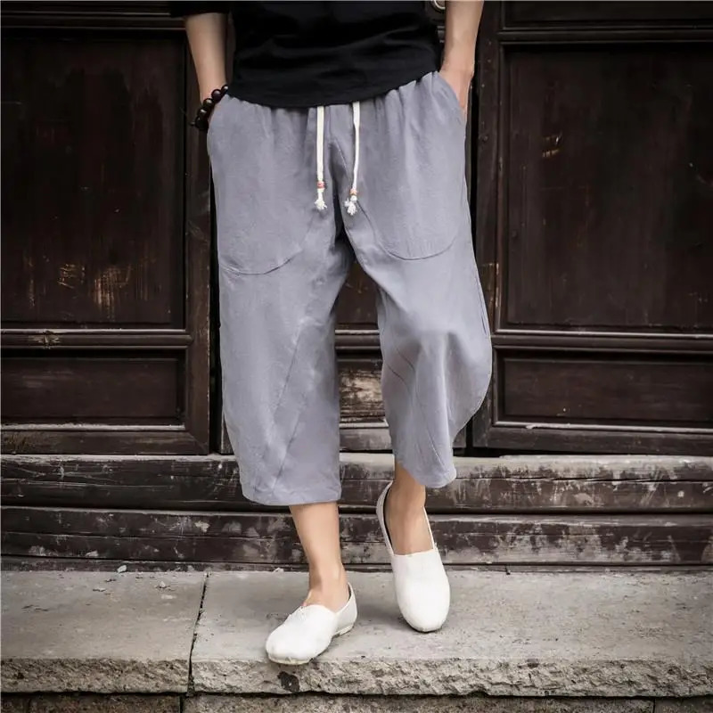 Loose Linen-cotton Seven-tenths Pants Trendy Chinese Style Mens Wide-leg Casual Shorts for Summer 250704
