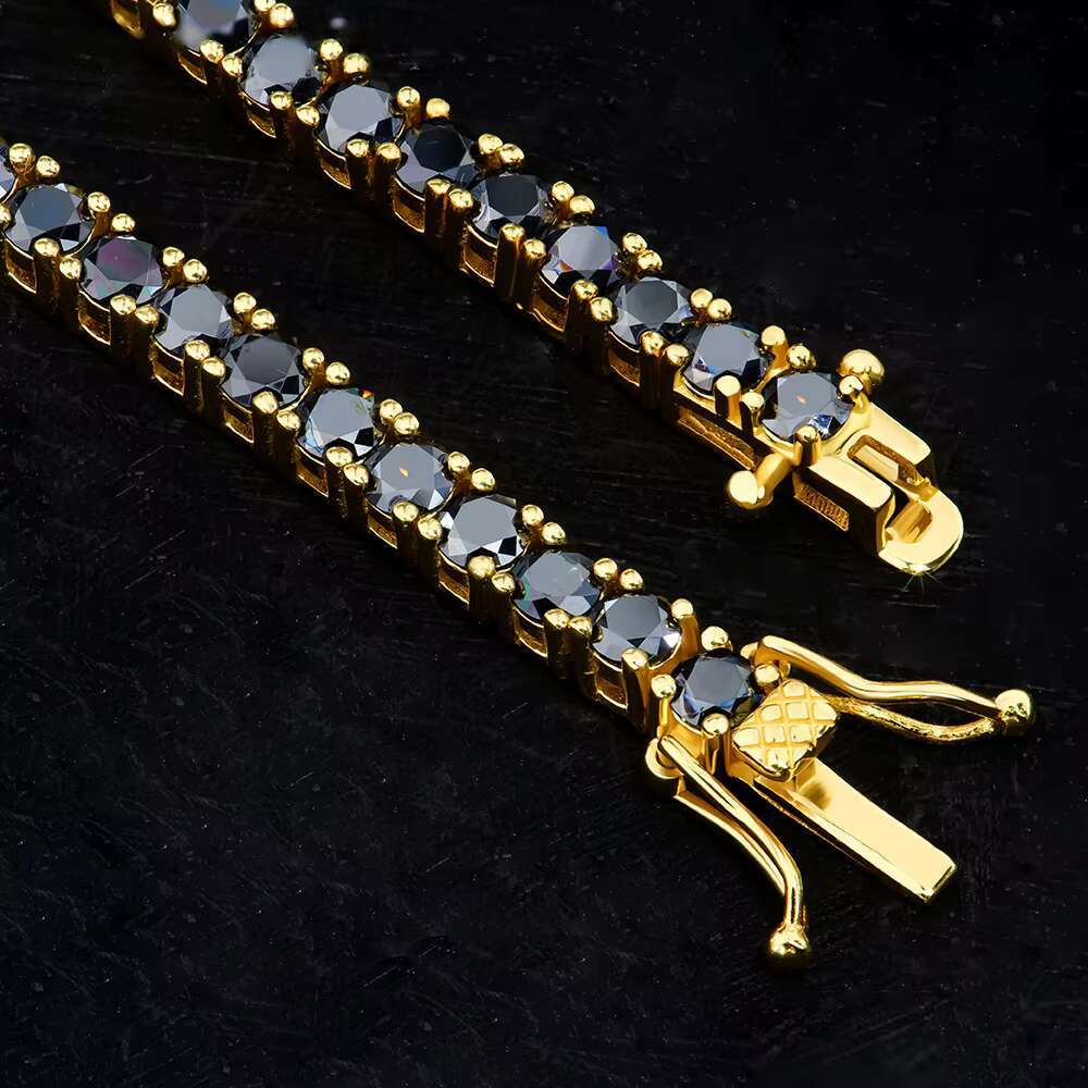 Wholesale Hiphop Jewelry 925 Sterling Silver Yellow Gold Plated Round Shape Black Moissanite Diamond Tennis Link Chain Bracelet