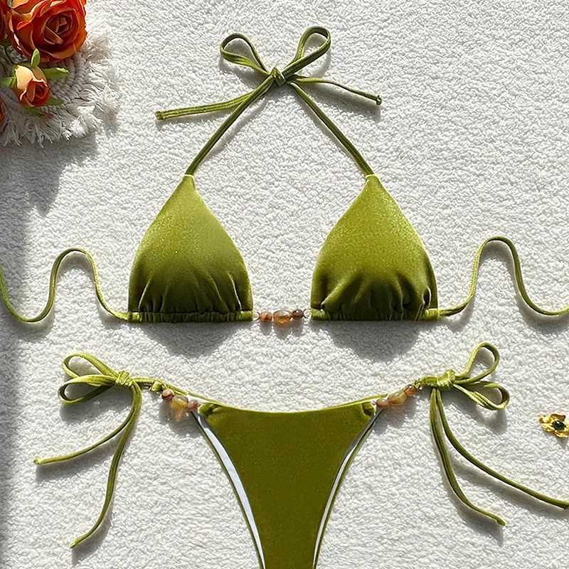 Fashion Bead Chain Triangle Bikini Women Slip Swimming Suits 2025 Sexy Bikini Lady Beach Wear Swimwear Female Outfit Clothing XJ250624