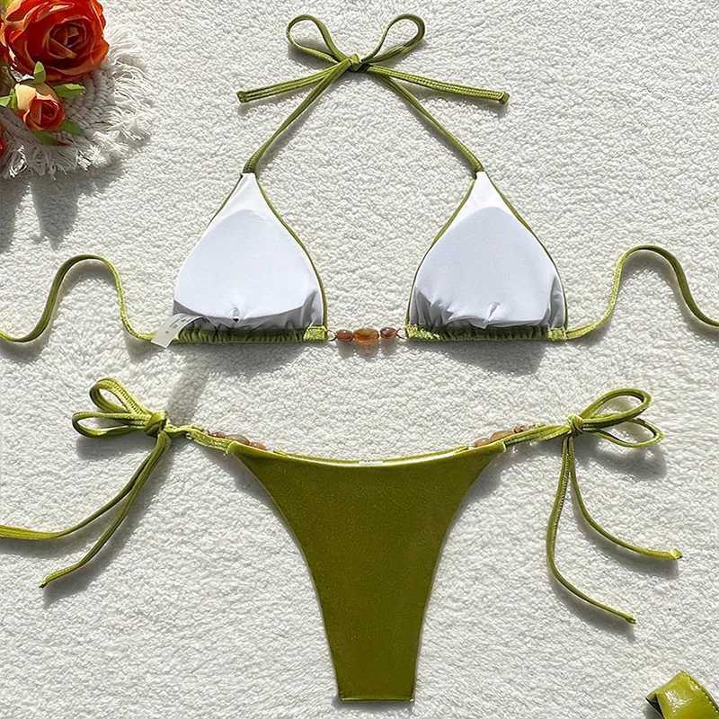 Fashion Bead Chain Triangle Bikini Women Slip Swimming Suits 2025 Sexy Bikini Lady Beach Wear Swimwear Female Outfit Clothing XJ250624