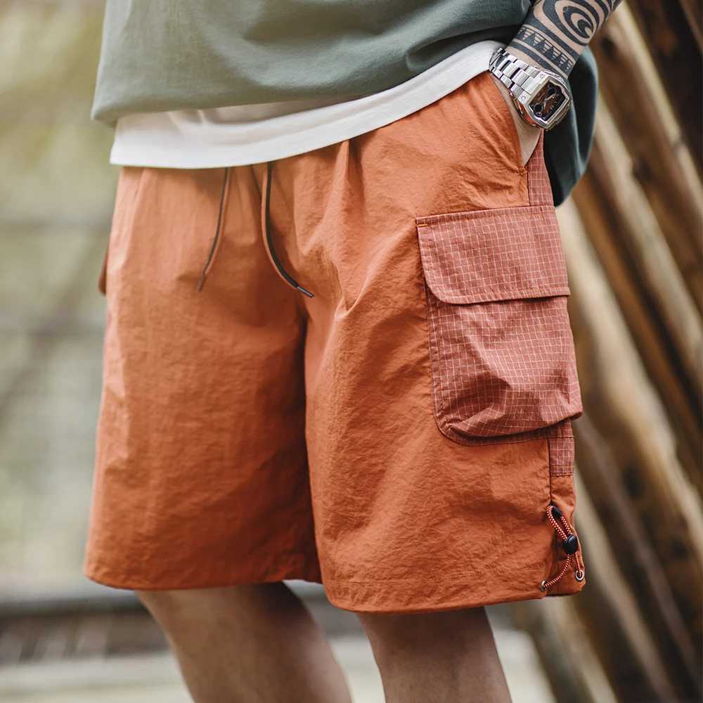 Madon Summer Men Straight Shorts Orange Patchwork Gingham Loose Beach Pants Plus Size Shorts Elastic Waist Light Breathable W250705