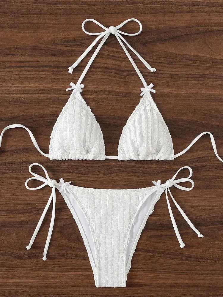 Vzvn 2025 New Summer Swimwear Bikini Set Sexy Laced Up Backless Bikini 2 Piece Set Women Solid Split Waist Beach Vacation Bikini XJ250624