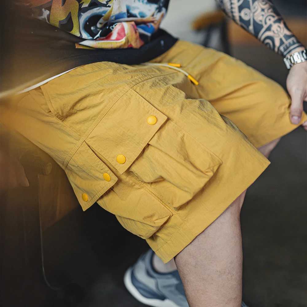 Maden Outdoor Yellow Cargo Shorts Mens Summer Quick-Dry Lightweight Sports Shorts with Drawstring Waist Multi-Pocket Bottoms W250705