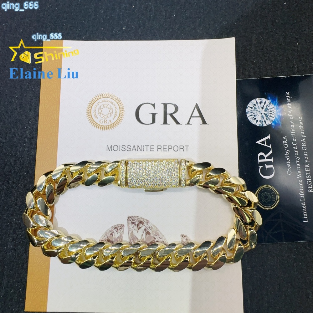 Fashion Sterling Silver 925 VVS Moissanite Lab Diamond Clasp Hip Hop Jewelry 14K Real Gold Plated Cuban Link Chain Bracelet