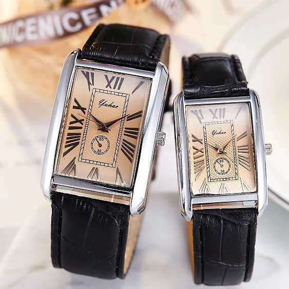 Fashion Couple Watch Luxury Rectangle Dial Women Quartz Watch Men Leather Band Casual Women Leather Wristwatch Mens Watch W250704