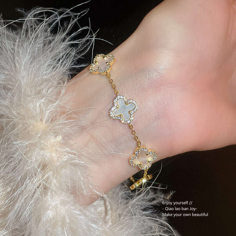 designer bracelet Real Gold Plated Zircon Rhombus Flower Mother-of-Pearl Bracelet Light High-End Feel Korean Version Ins Niche Jewelry for Women