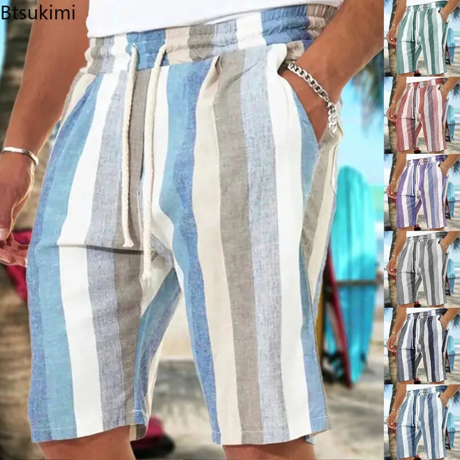 Trendy Contrast Color Striped Shorts for Men Comfy Cotton Linen Summer Casual Drawstring Beach Shorts Men Loose Sport Yoga Pants 250704