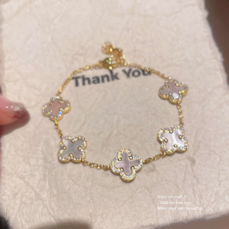 designer bracelet Real Gold Plated Zircon Rhombus Flower Mother-of-Pearl Bracelet Light High-End Feel Korean Version Ins Niche Jewelry for Women