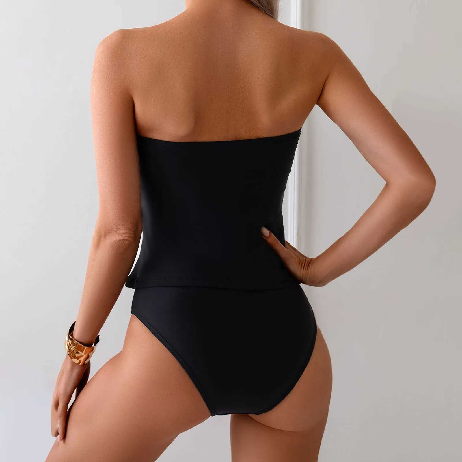 Sexy WomenS Strapless Ruched Bikini Set Fashion Black And White Contrasting Beach Swimsuit Bathing Suit 2025 Summer Trend XJ250624