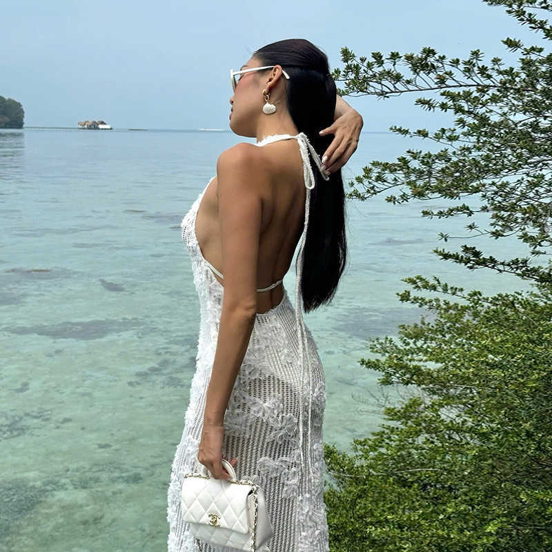 Fashion Evening Dress Summer New Style Strapless Jacquard Halter Neck Beach Vacation Tight Dress