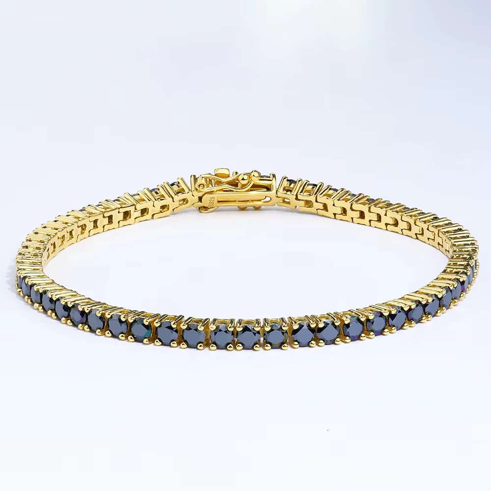 Wholesale Hiphop Jewelry 925 Sterling Silver Yellow Gold Plated Round Shape Black Moissanite Diamond Tennis Link Chain Bracelet