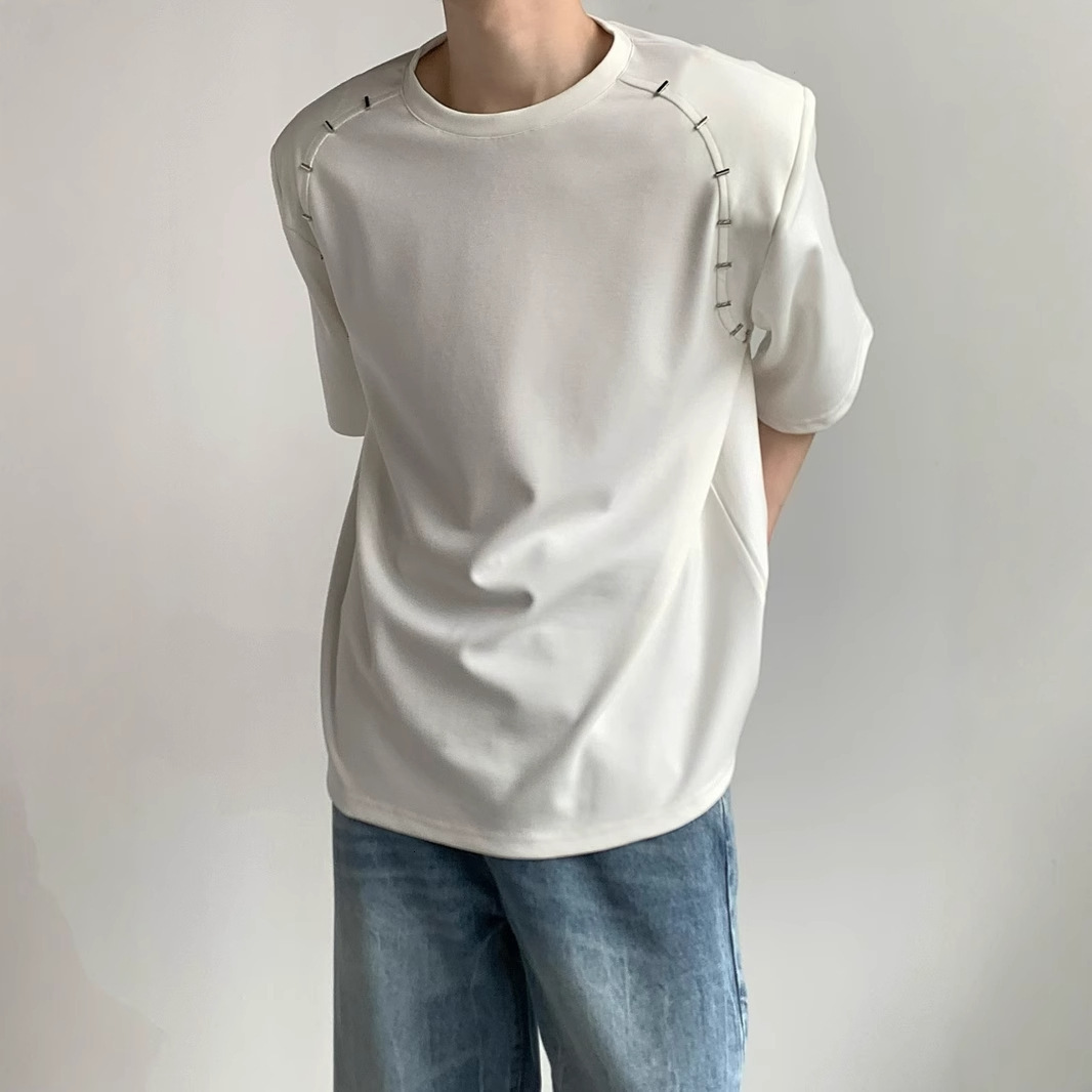 Designer Short Sleeves Summer Korean Version Loose Heavyweight No Shoulder Pad Short Sleeve T-shirt Metal Design Sense Half Sleeve Base Shirt Niche Un