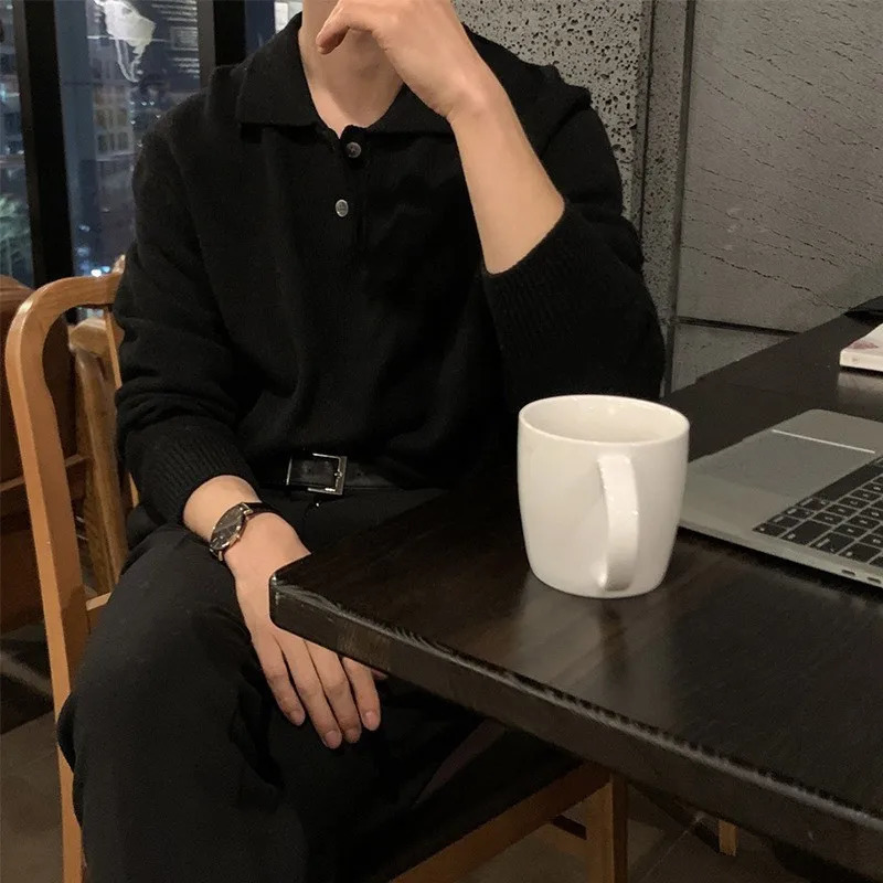 Men Korean Style Polo Neck Sweater Light Knitted Long Sleeve Pullover Casual Solid Color Streetwear Leisure Knitwear 250704