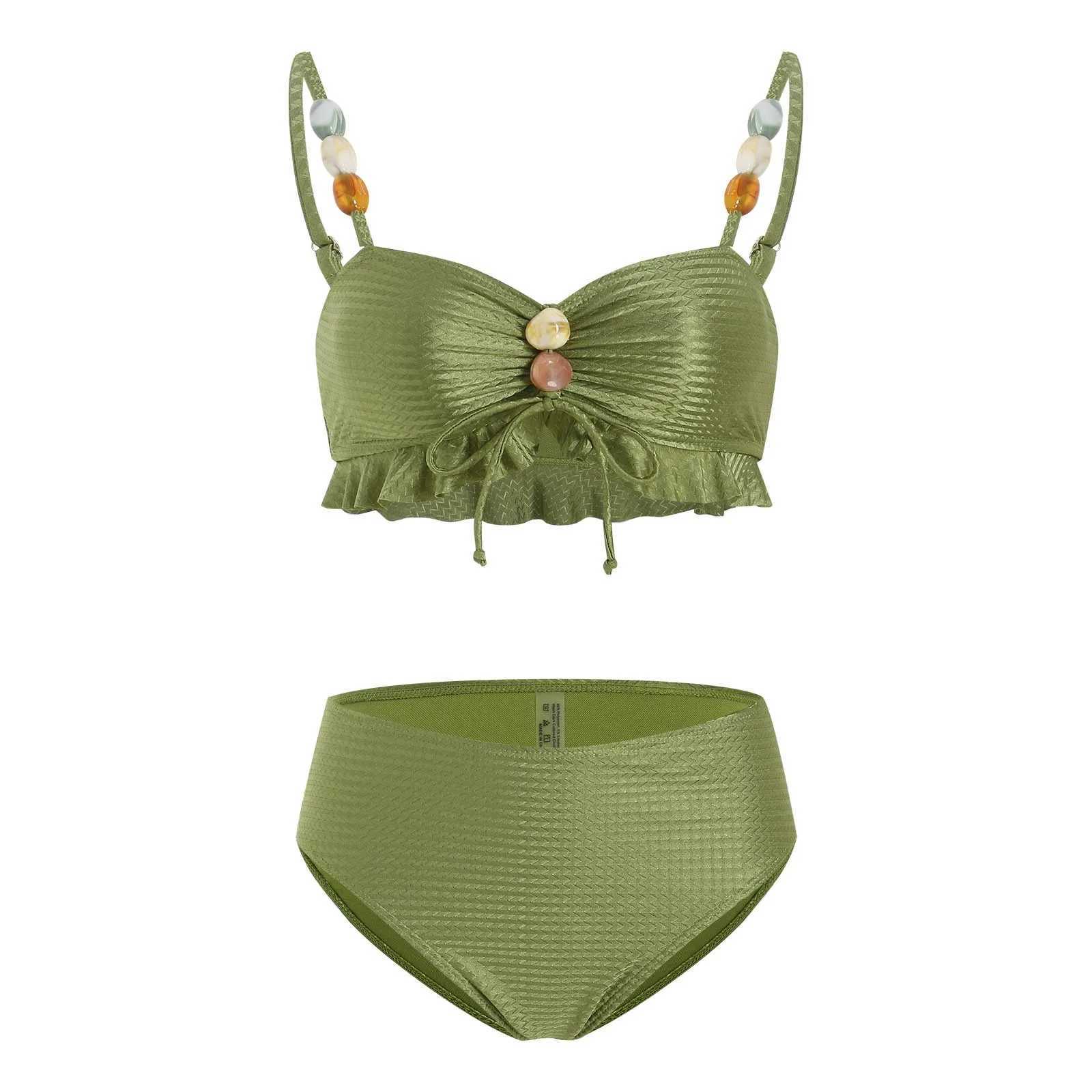 2025 Womens Bikini Sets Two Piece Swimsuit Bandeau Ruffle Hem Drawstring Bikini High Waisted Bathing Suit Summer Beach Wear XJ250624
