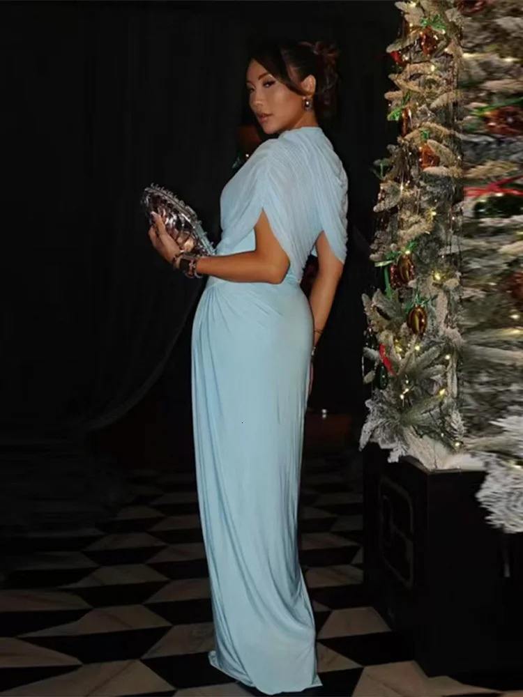 Shawl Long Dress Women Elegant Asymmetrical Chiffon Pleated Slim Waist Maxi Dresses Summer Female Evening Party Prom Gown 250704