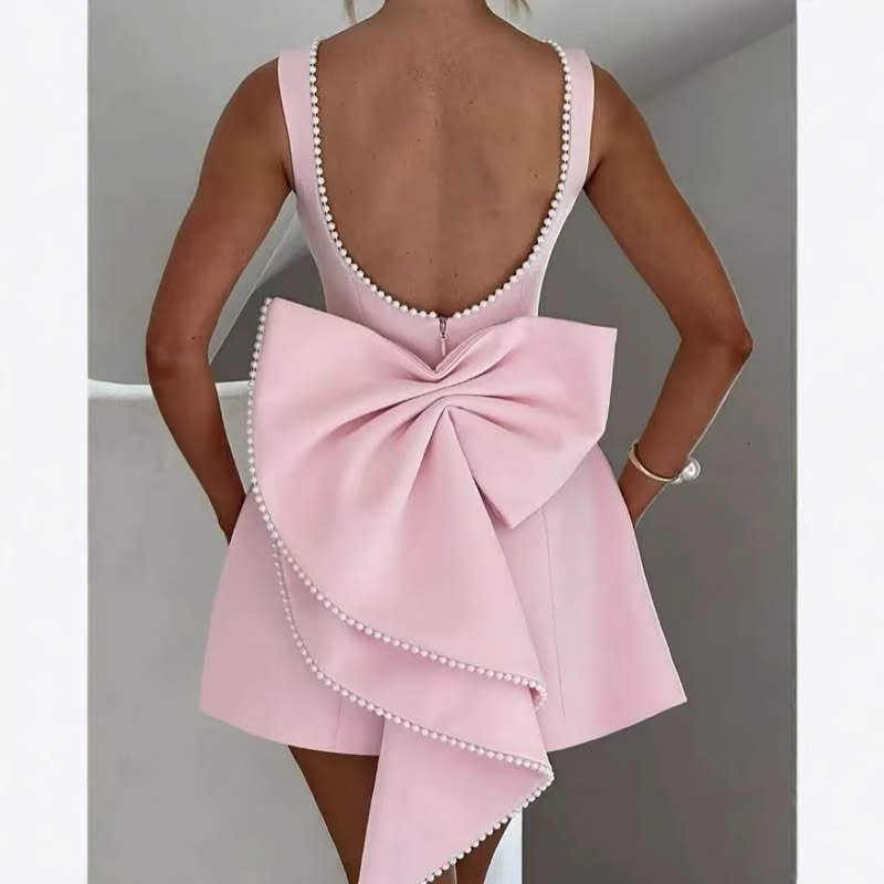 Fashion Evening Dress Women's Pearl Bow Short Dress Fashion Slim Backless Socialite Style Dress