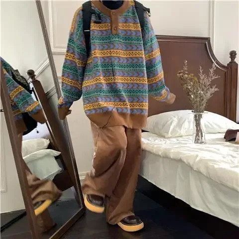 Autumn Ethnic Style Knitted Sweater Vintage Round Neck Loose Fit Old Fashioned Feeling Pullover Sweater 250704