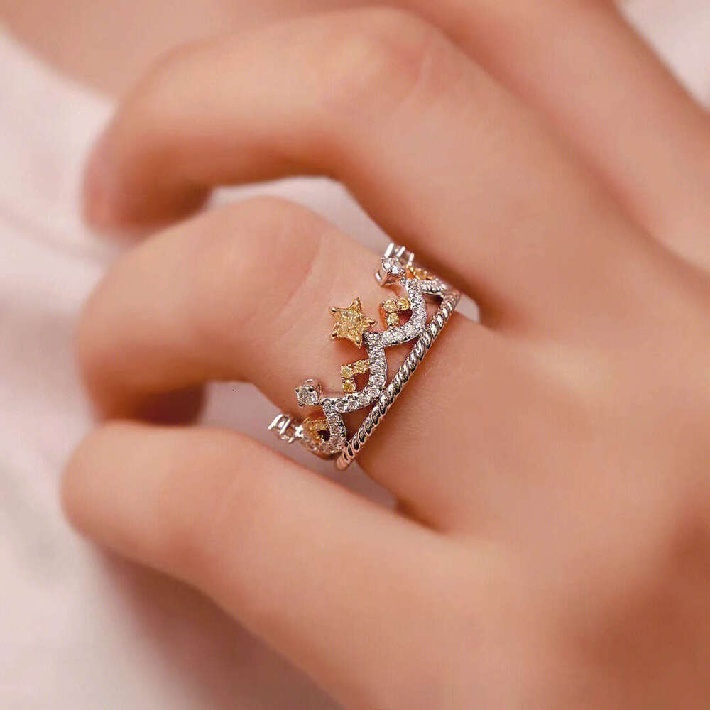 TikTok Live New Inlaid Imitation Asscher Yellow Diamond Pentagram PT950 Princess Crown Ring d82