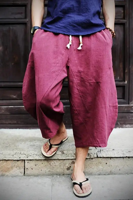 Loose Linen-cotton Seven-tenths Pants Trendy Chinese Style Mens Wide-leg Casual Shorts for Summer 250704