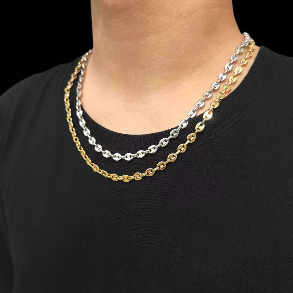 Nuoya Fashion Hip Hop Jewelry Gold Plated Men Stainless Steel Coffee Bean Link Chain Necklace