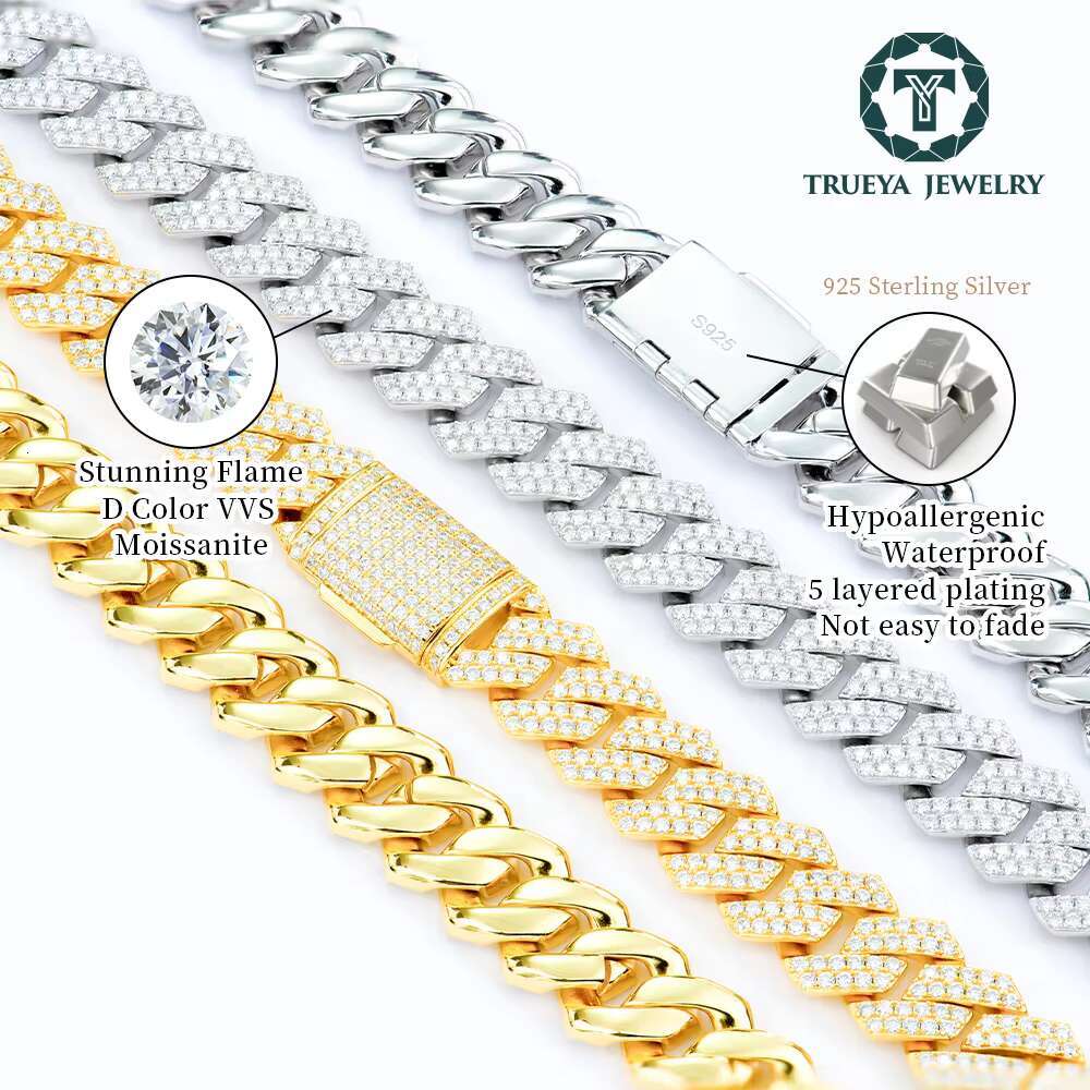 Gold Plated 925 Sterling Silver Fine Jewelry Men 8 10 12 14 18 20 mm Vvs Diamond Mossanite Moissanite Cuban Link Necklace Chain