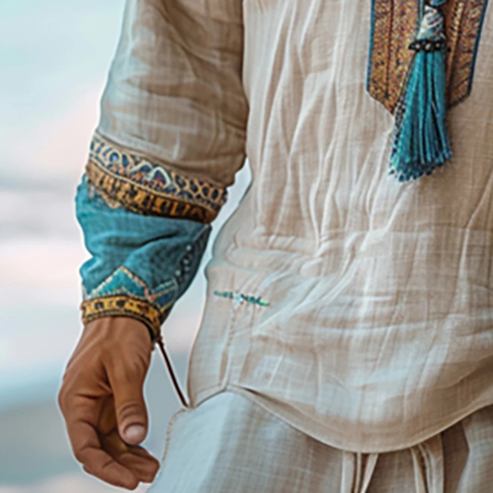 Ethnic Mens Linen Shirt Autumn Long Sleeve Male Clothing Fashion Streetwear V-Neck Print Men Blouse Tops Plus Size Causal Shirt 250704