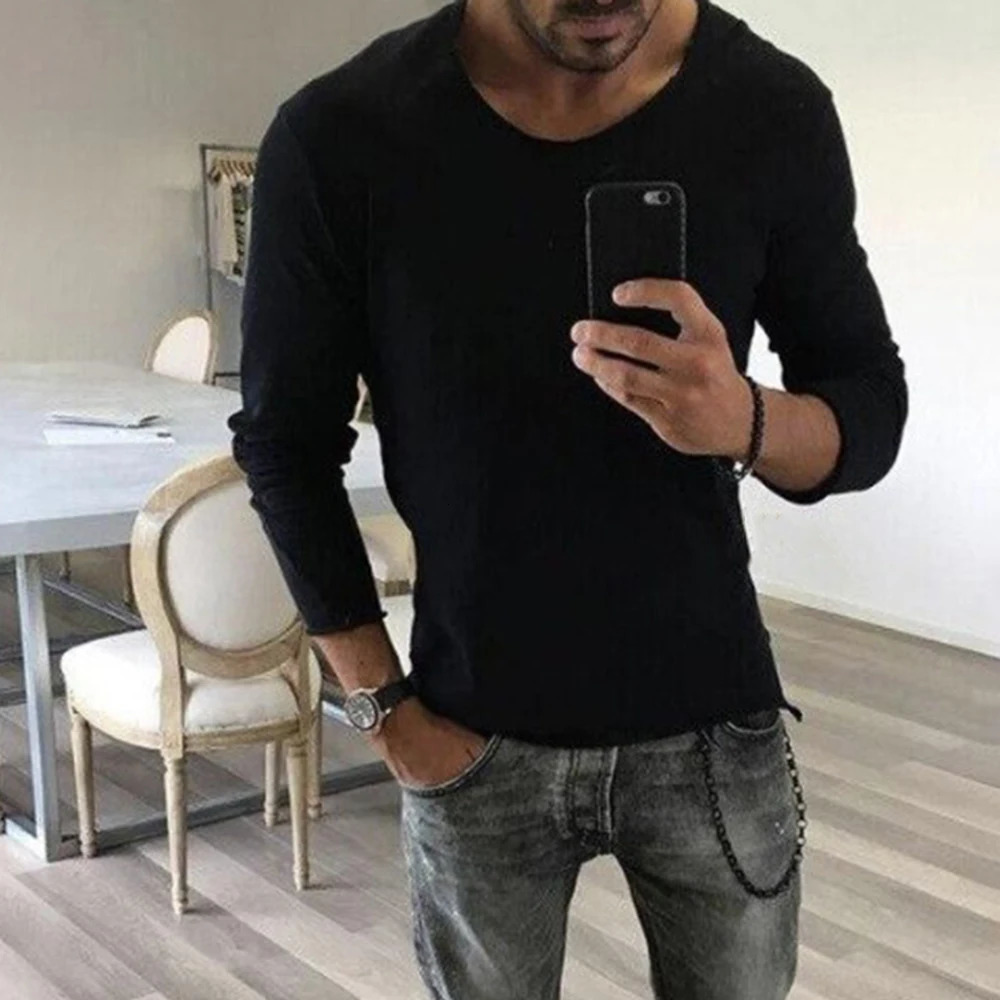 Mens Casual Round Neck Top Autumn And Winter Fit Youth Personality Raw Edge Solid Color Long-Sleeved T-Shirts For Men 250704