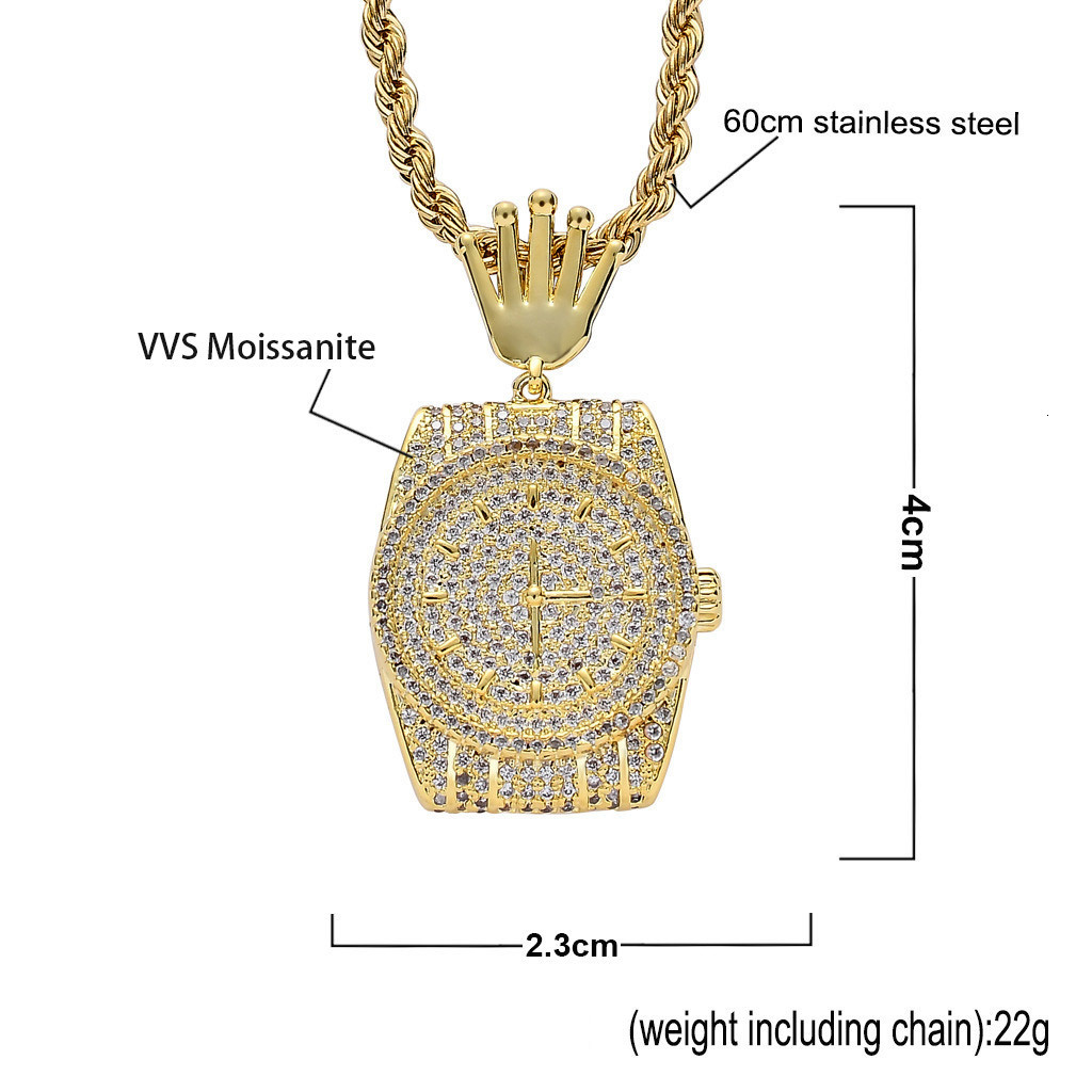 Luxury jewelry Necklace VVS Moissanite Iced Out Bling Watch Dial Pendant Men's Trendy Swag Necklace High Quality Pass the diamond tester
