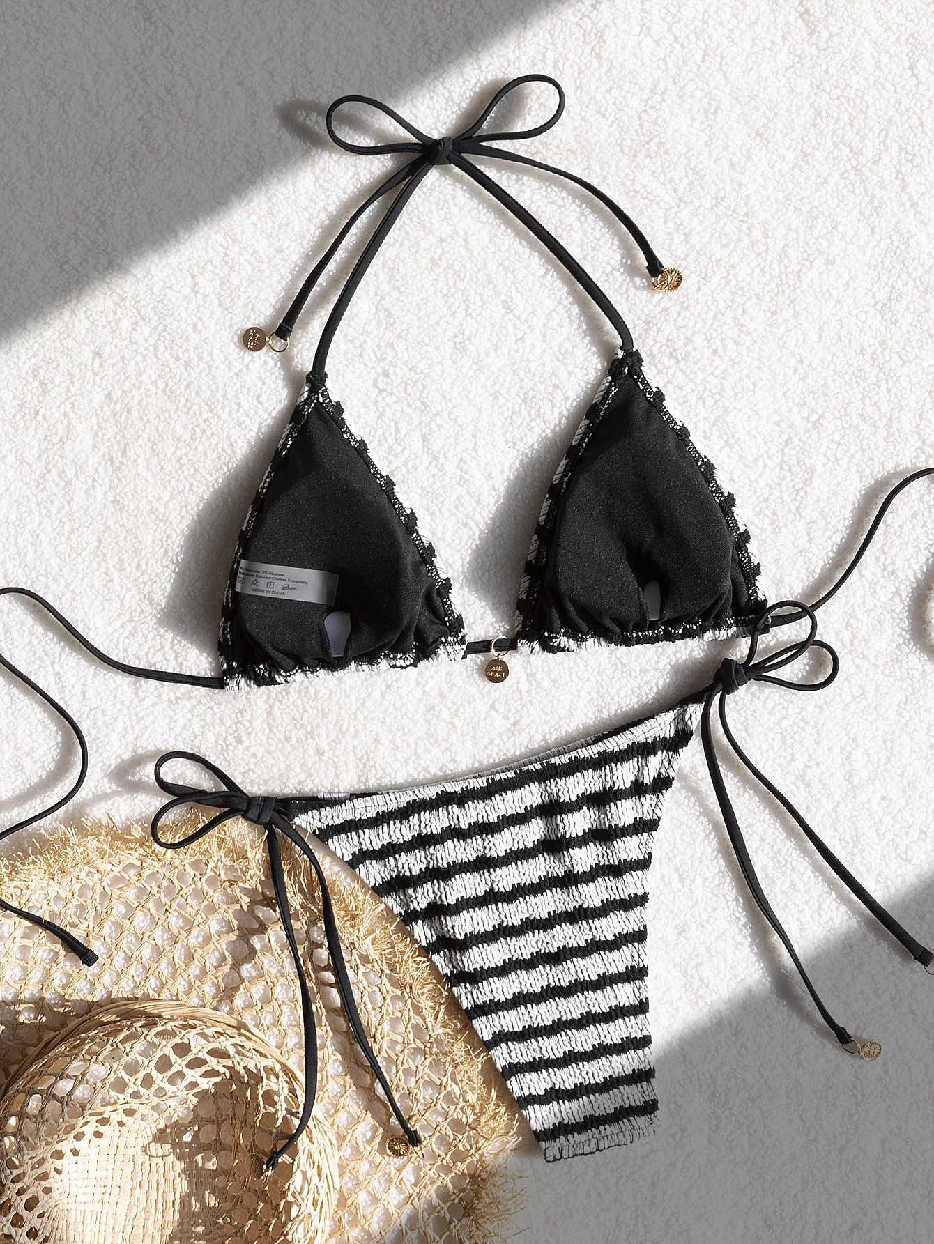 Ladies striped and water ripple split swimsuit sexy bikini SexHy bikini swimsuit color blocking fashion high-end hot spring par XJ250624