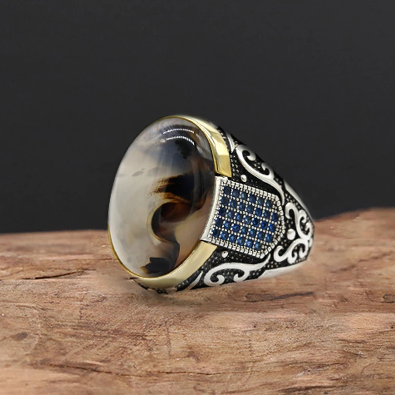 Seven Color S925 Sterling Silver Antique turkiye Blue Zircon and Agate Punk Rock Hand made Mens Ring Gift 250716