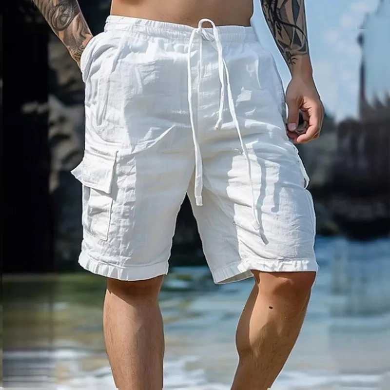 Summer Fashion Loose White Cargo Shorts Mens Handsome Streetwear Beachwear Solid Color With Pockets Shorts Workout Pants 2024 W250705