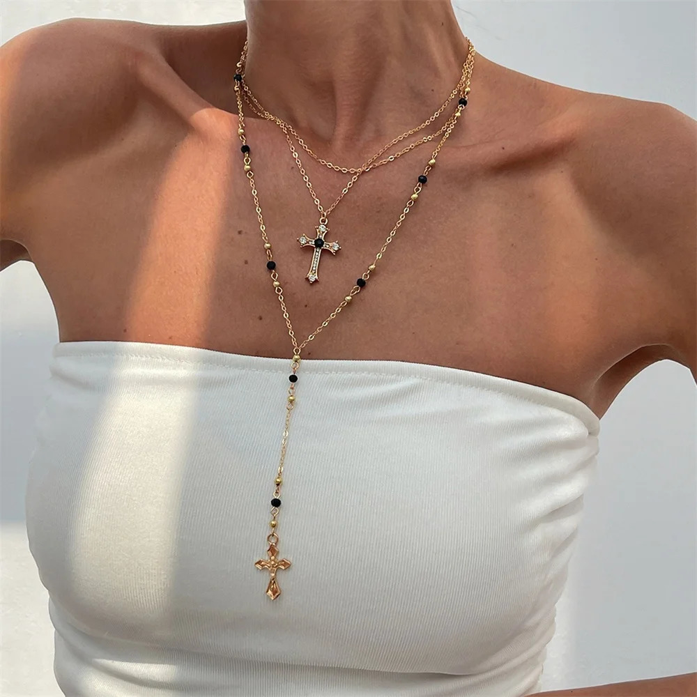 3Pcs Unique Cross Pendant Necklace Set for Women Simple Crystal Necklace Sweater Chain Long Y-shaped Necklace Y2K Party Jewelry 250701