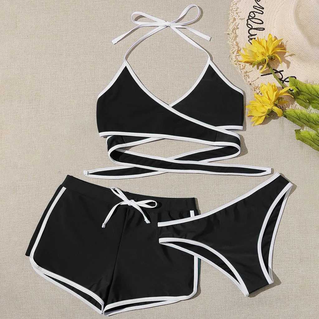 Summer Womens Three-piece Swimwear Fashion Bikini Beachwear Plus Size Swim Suits Triangle Cup Cross Bandage Swimsuit 2025 XJ250624