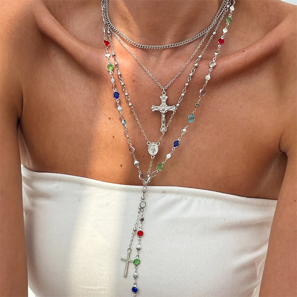 3Pcs Unique Cross Pendant Necklace Set for Women Simple Crystal Necklace Sweater Chain Long Y-shaped Necklace Y2K Party Jewelry 250701